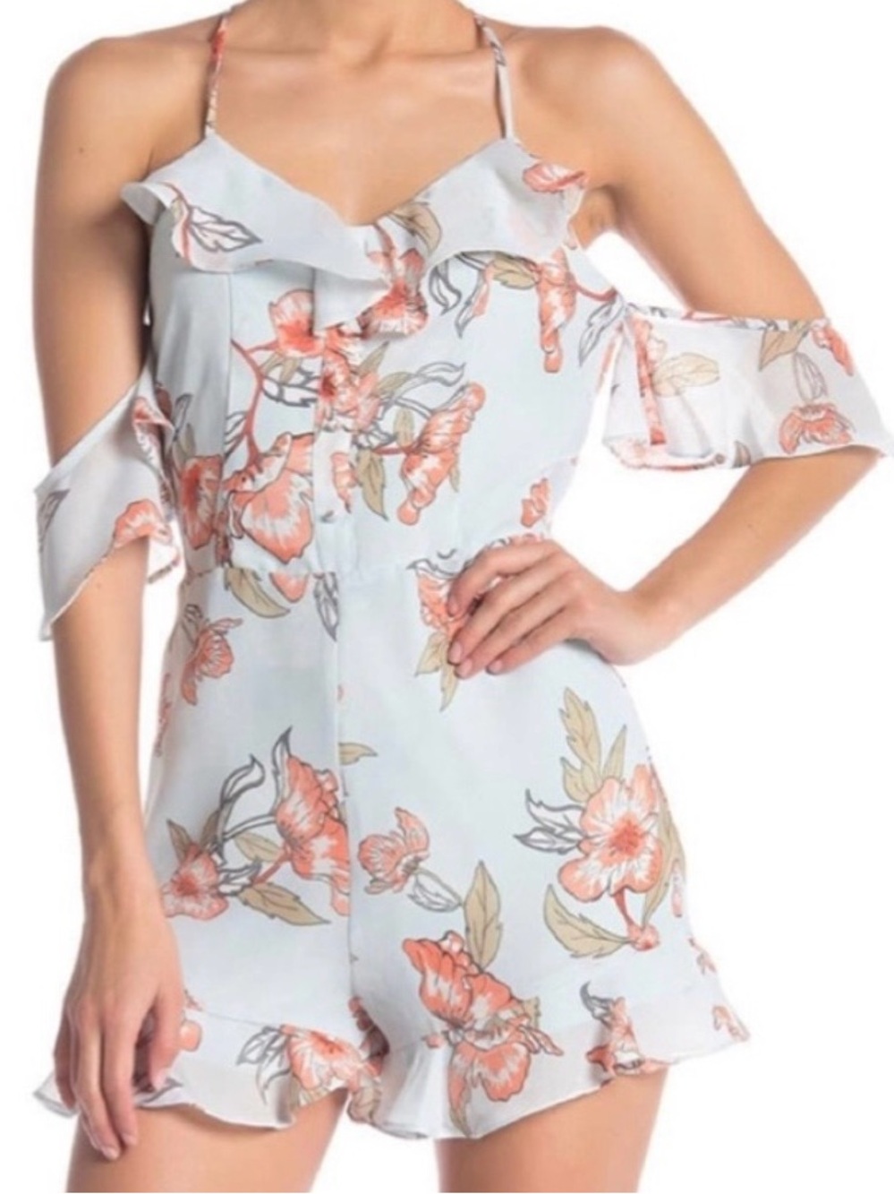 J.O.A Light Blue Floral Cold-Shoulder Romper